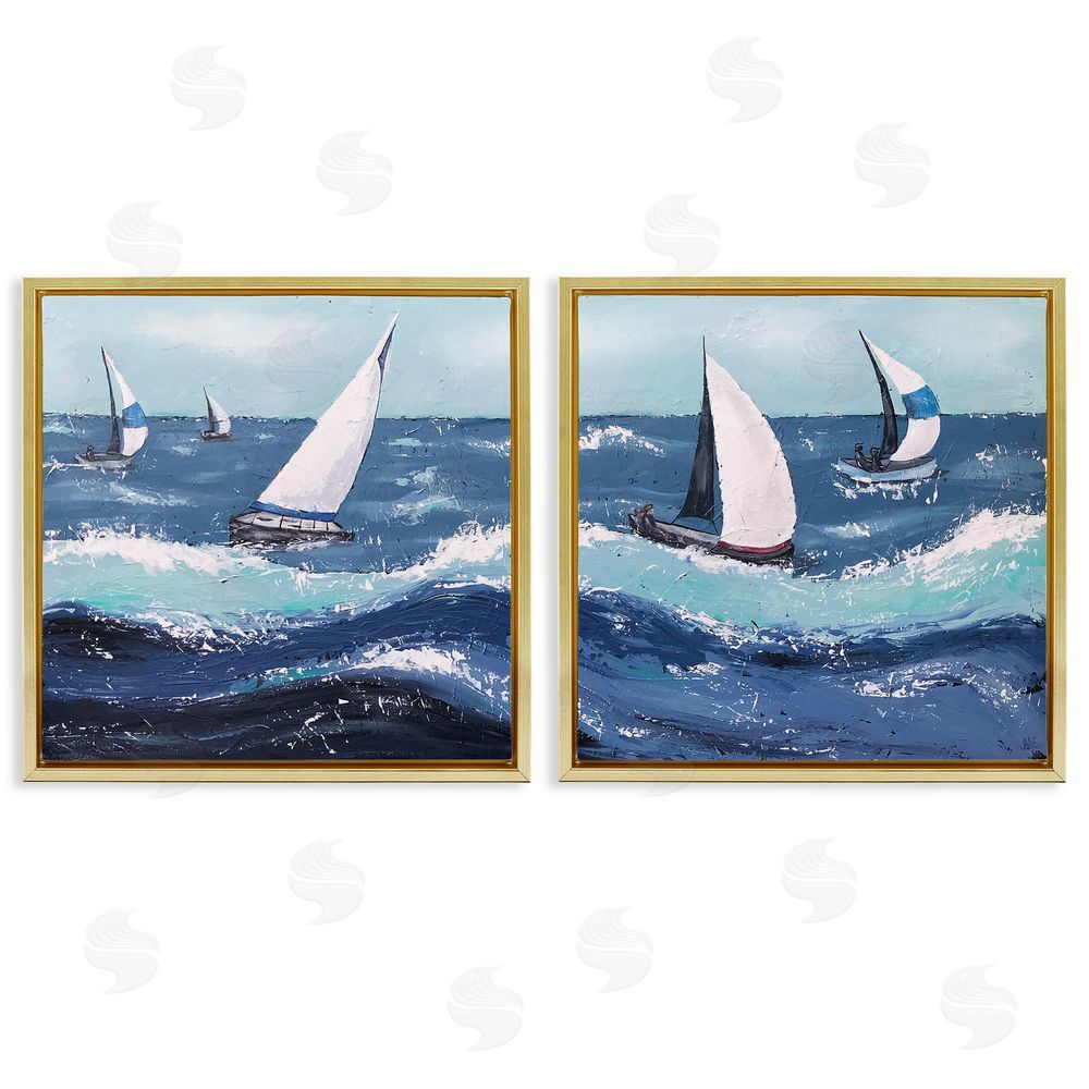 Jade Reynolds Sailboats Rough Ocean Waves Splash Gold Floating Frame Canvas Wall Art Print