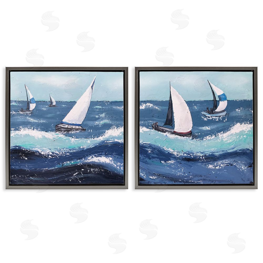 Jade Reynolds Sailboats Rough Ocean Waves Splash Gray Floating Frame Canvas Wall Art Print
