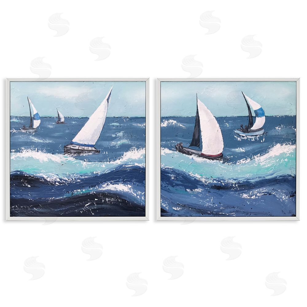 Jade Reynolds Sailboats Rough Ocean Waves Splash White Framed Giclee Wall Art Print