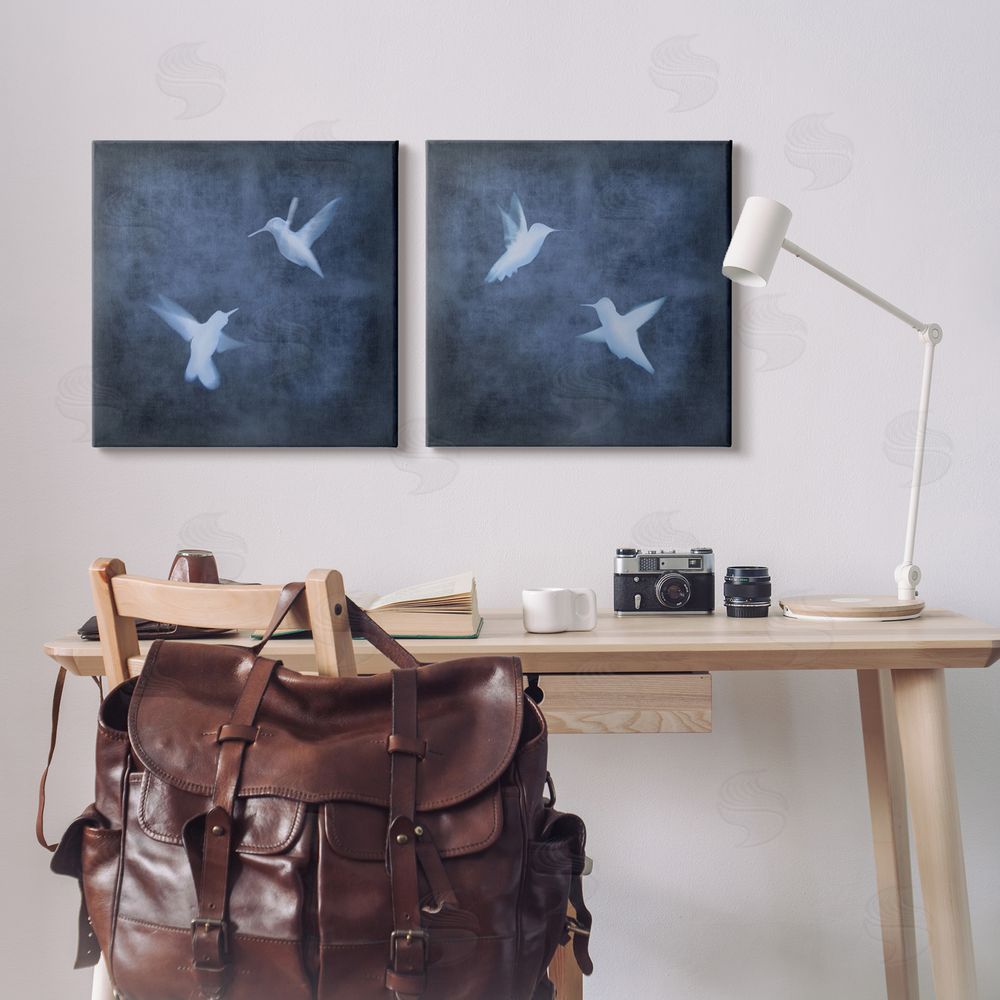 Chris Donovan Modern Blue Birds Flying Silhouettes Canvas Wall Art Print in Room