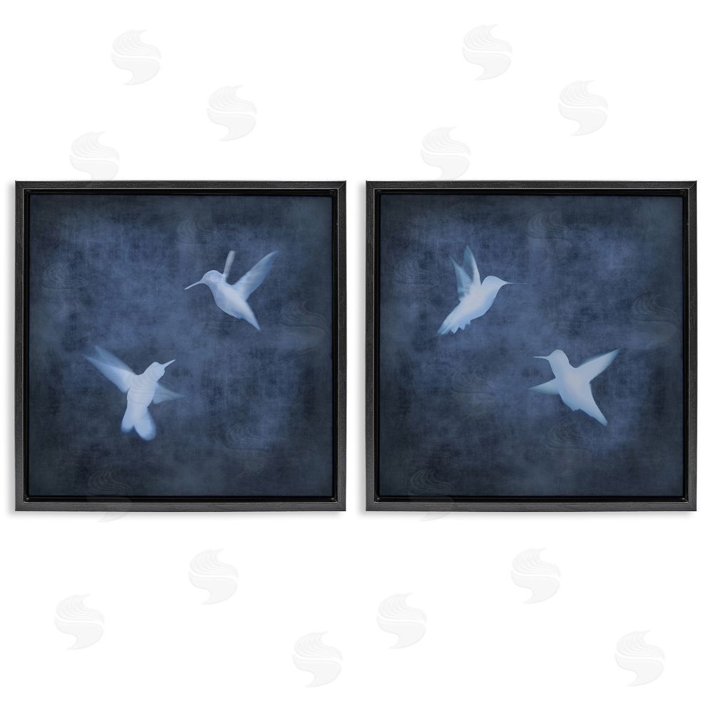 Chris Donovan Modern Blue Birds Flying Silhouettes Black Floating Frame Canvas Wall Art Print