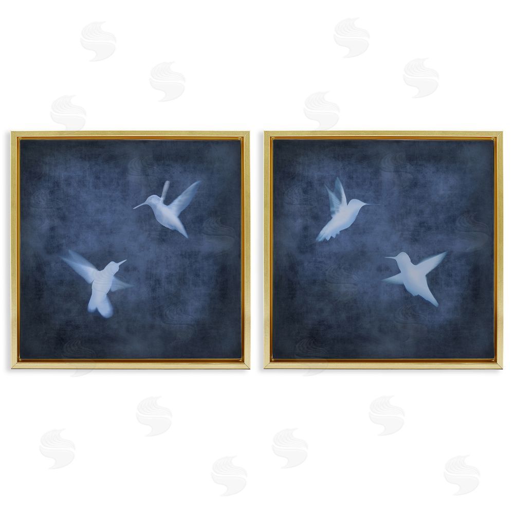 Chris Donovan Modern Blue Birds Flying Silhouettes Gold Floating Frame Canvas Wall Art Print