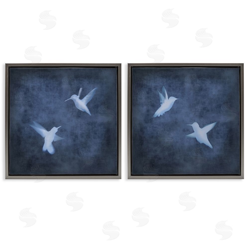Chris Donovan Modern Blue Birds Flying Silhouettes Gray Floating Frame Canvas Wall Art Print