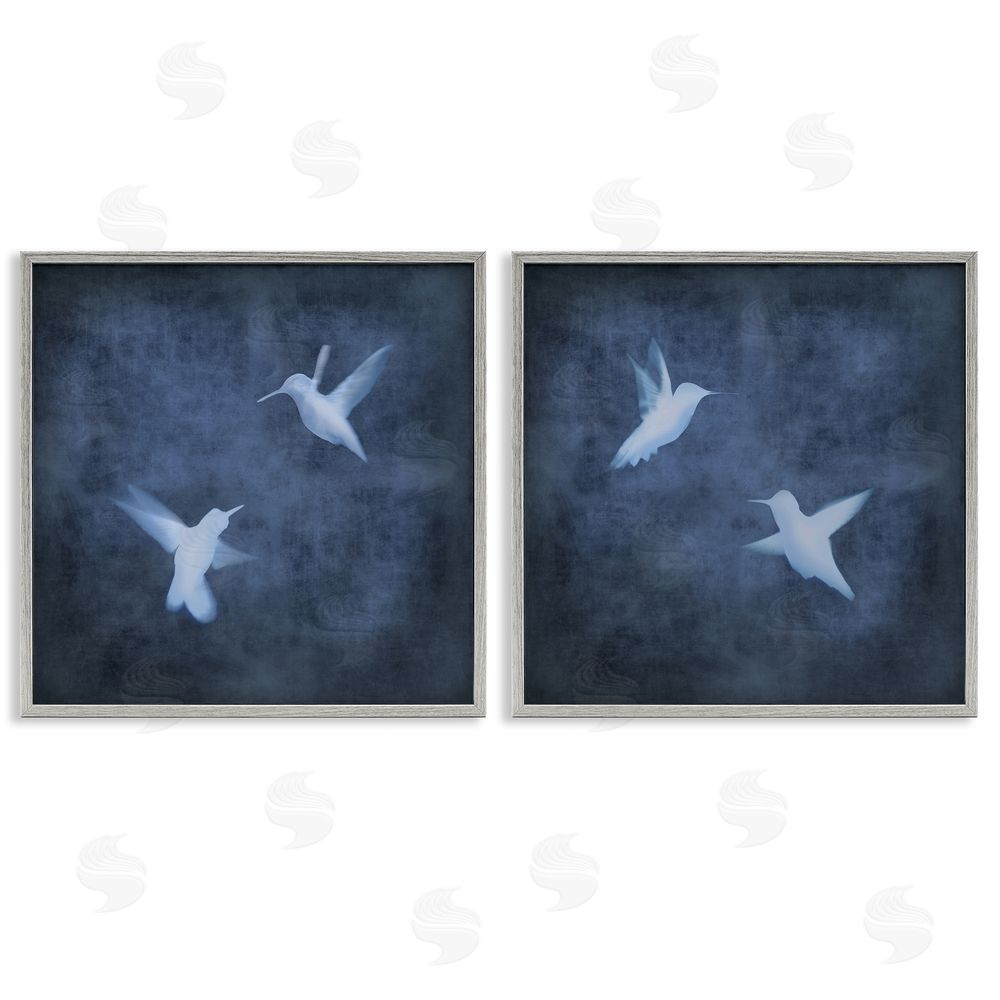 Chris Donovan Modern Blue Birds Flying Silhouettes Gray Framed Giclee Wall Art Print