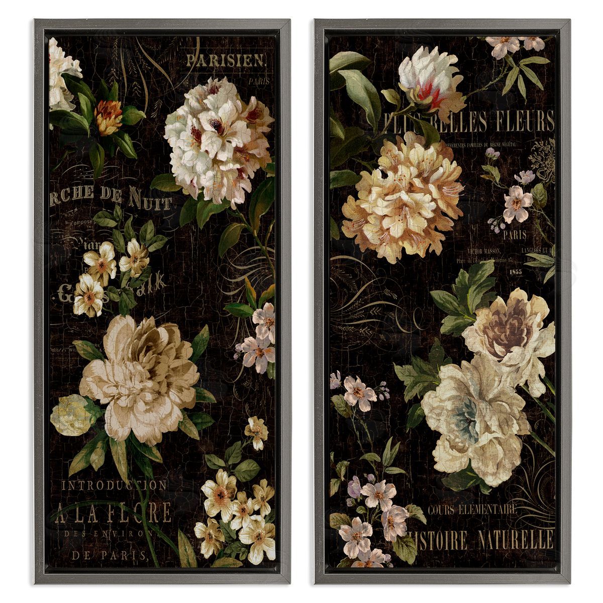 Vintage French Typography Flowers Grey Floating Frame Canvas Wall Art, Home Decor by Deborah Devellier