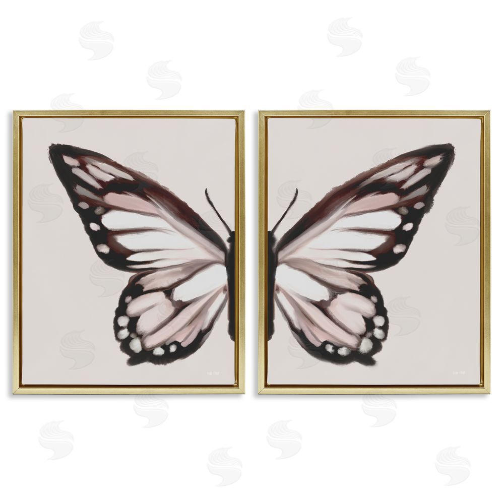 House Fenway Muted Symmetrical Butterfly Wings  Gold Floating Frame Canvas Wall Art Print