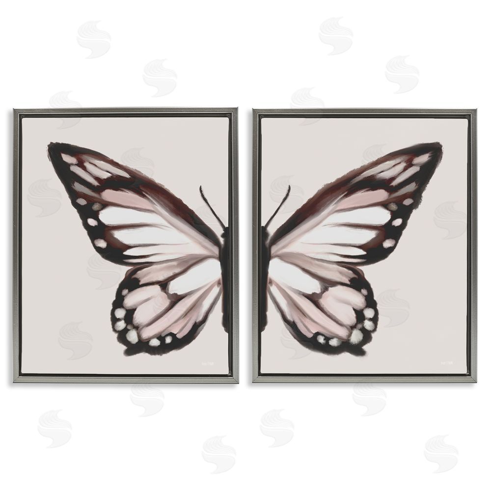 House Fenway Muted Symmetrical Butterfly Wings  Gray Floating Frame Canvas Wall Art Print