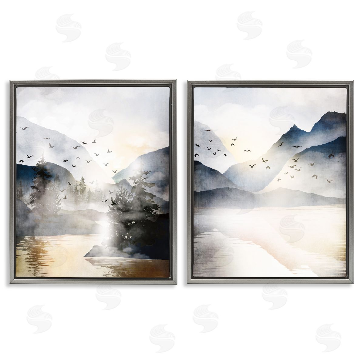 Sunlit Birds Over Lake Landscape Grey Floating Frame Canvas Wall Art, Home Decor by JJ Design House LLC