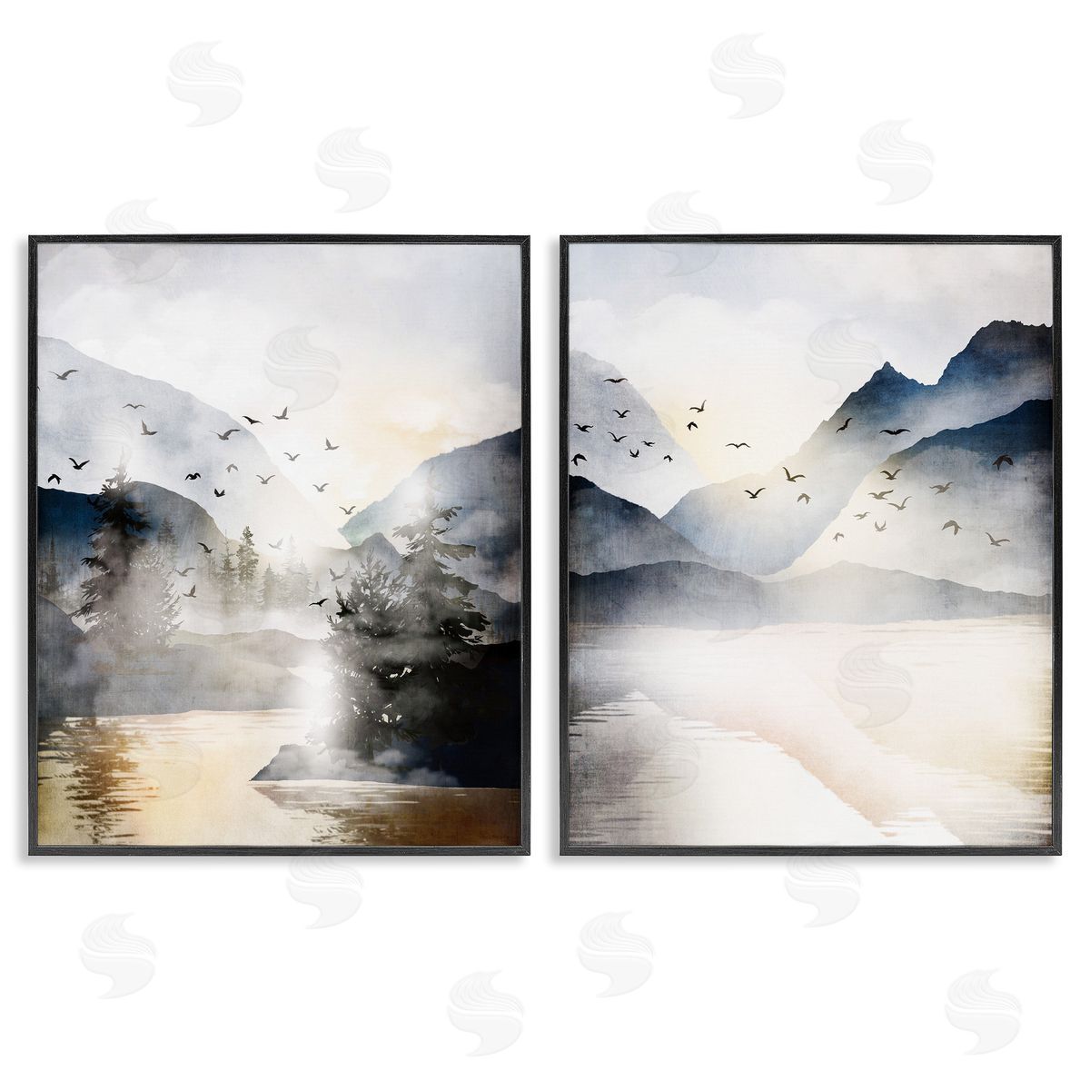 Sunlit Birds Over Lake Landscape Black Frame Print Wall Art, Home Decor by JJ Design House LLC