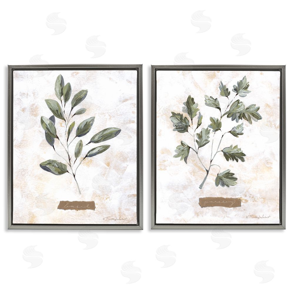 Kelley Talent Country Herbs Basil Parsley Sprigs Gray Floating Frame Canvas Wall Art Print