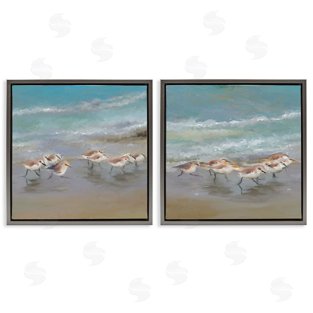 Rick Novak Sandpipers Flock Summer Beach Sand Gray Floating Frame Canvas Wall Art Print