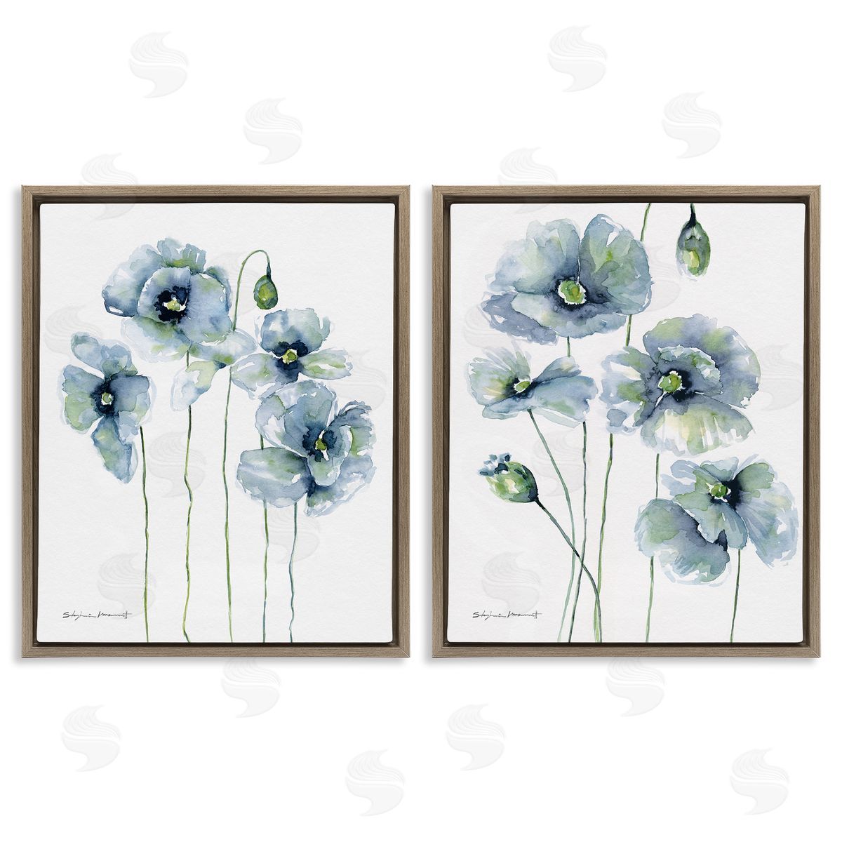 Blue Poppies Blooming Garden Brown Floating Frame Canvas Wall Art, Home Decor by Stephanie Workman Marrott