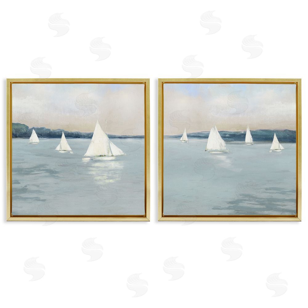 Sally Swatland Sailboats Grey Nautical Ocean View Gold Floating Frame Canvas Wall Art Print
