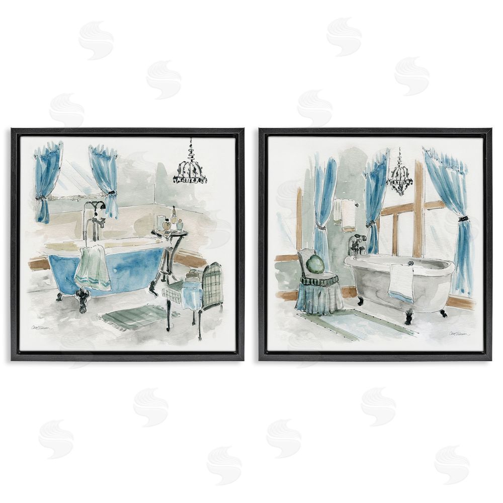 Carol Robinson Bathroom Tub Painting Blue & Beige Black Floating Frame Canvas Wall Art Print