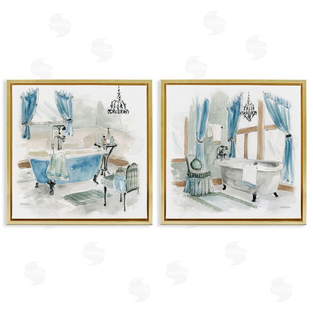 Carol Robinson Bathroom Tub Painting Blue & Beige Gold Floating Frame Canvas Wall Art Print