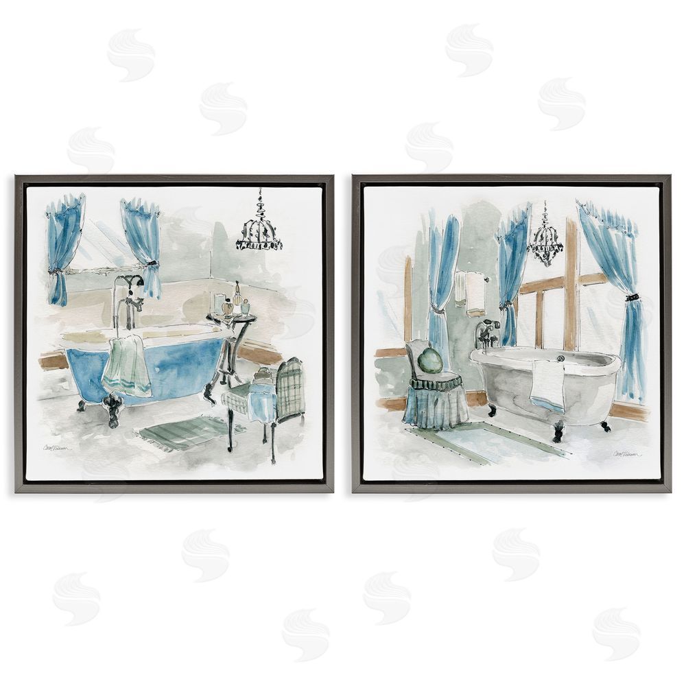 Carol Robinson Bathroom Tub Painting Blue & Beige Gray Floating Frame Canvas Wall Art Print