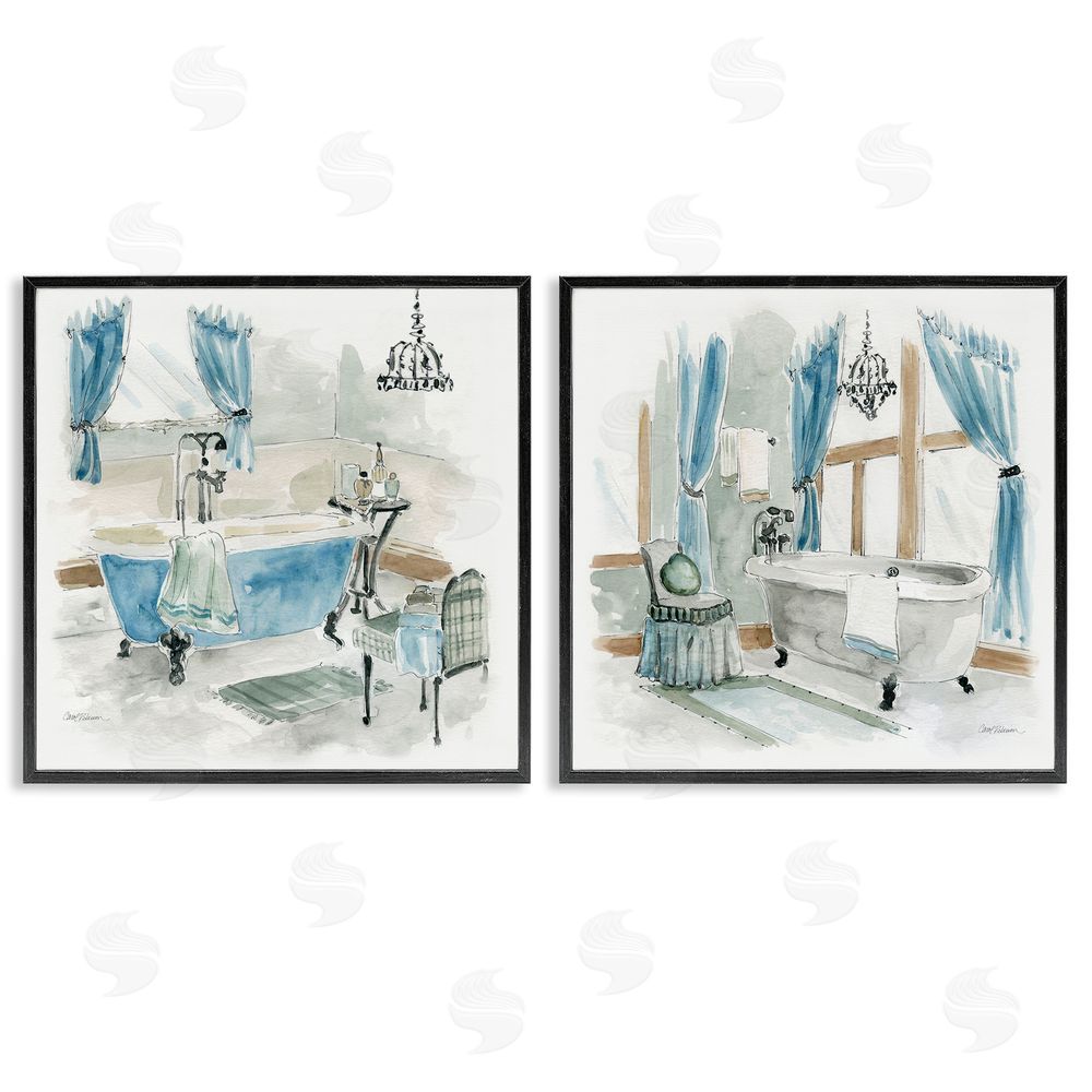 Carol Robinson Bathroom Tub Painting Blue & Beige Black Framed Giclee Wall Art Print