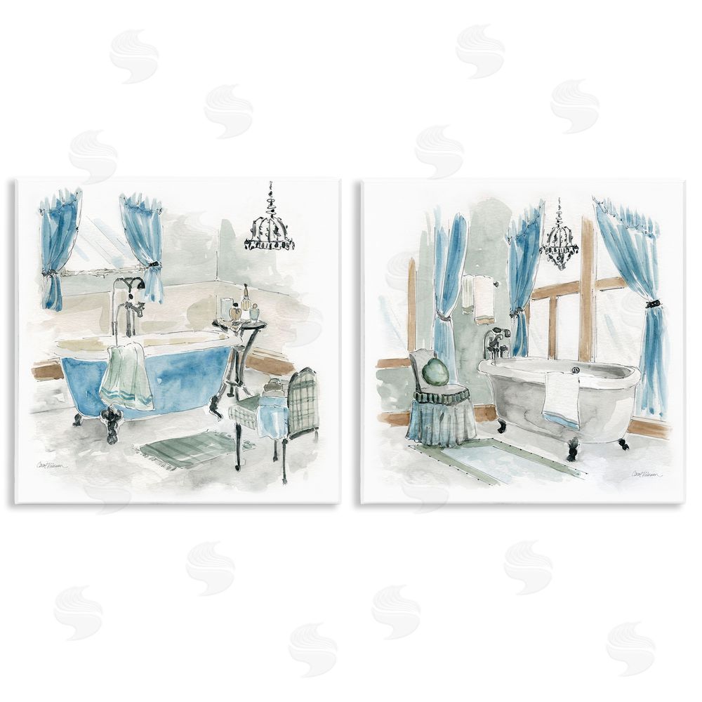 Carol Robinson Bathroom Tub Painting Blue & Beige Wooden Wall Plaque Art Print