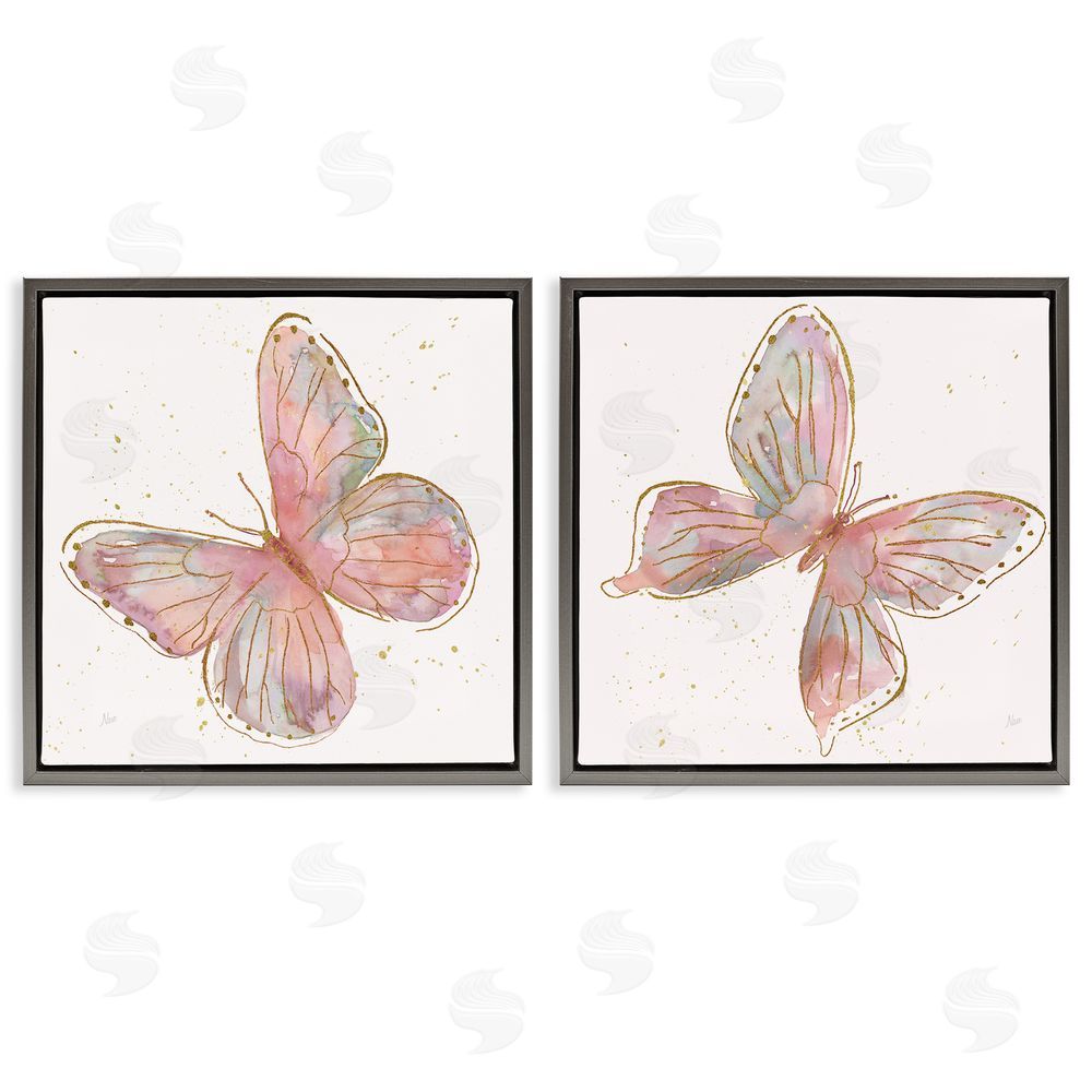 Nan Pink & Glam Butterflies Nature Gray Floating Frame Canvas Wall Art Print