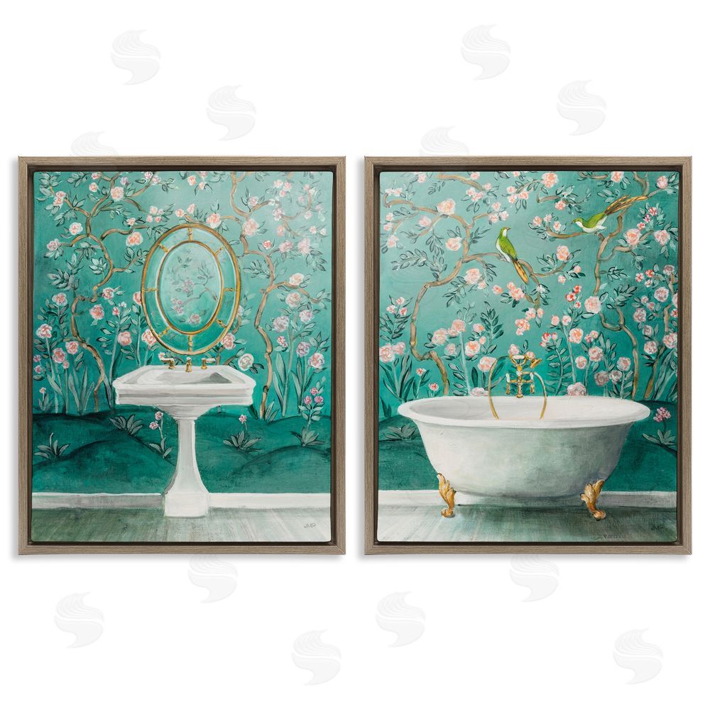 Julia Purinton Floral Patterned Bathroom Brown Floating Frame Canvas Wall Art Print