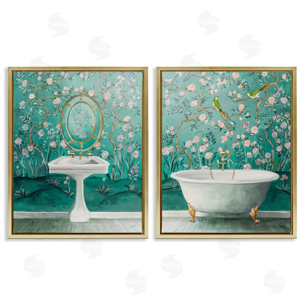 Julia Purinton Floral Patterned Bathroom Gold Floating Frame Canvas Wall Art Print