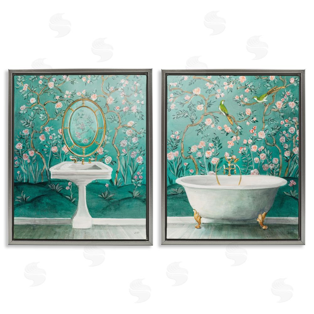 Julia Purinton Floral Patterned Bathroom Gray Floating Frame Canvas Wall Art Print