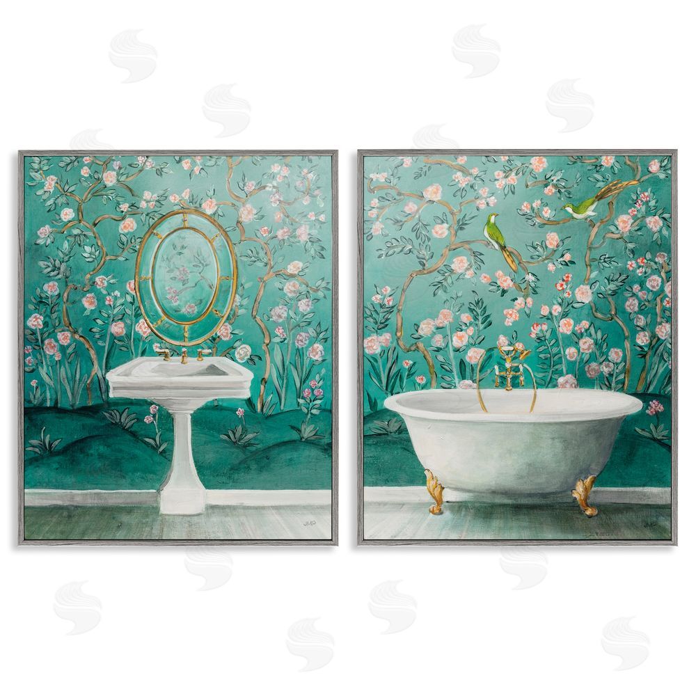 Julia Purinton Floral Patterned Bathroom Gray Framed Giclee Wall Art Print