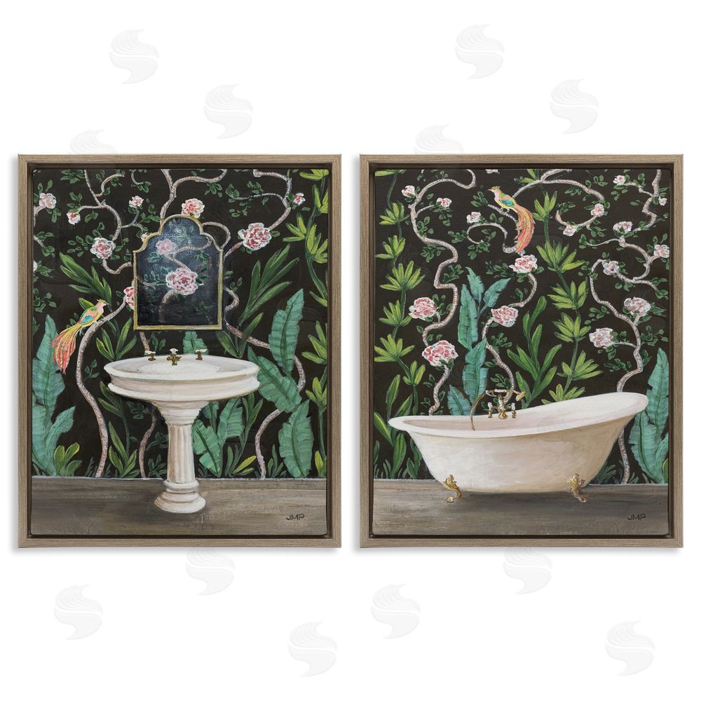 Julia Purinton Tropical Patterned Bathroom Brown Floating Frame Canvas Wall Art Print