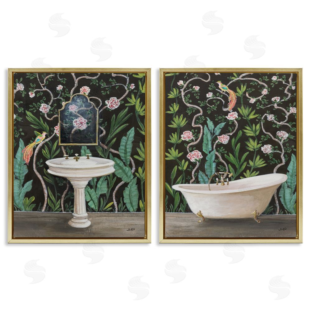 Julia Purinton Tropical Patterned Bathroom Gold Floating Frame Canvas Wall Art Print
