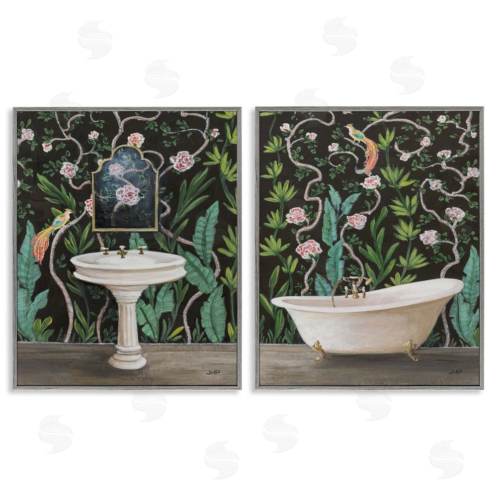 Julia Purinton Tropical Patterned Bathroom Gray Framed Giclee Wall Art Print