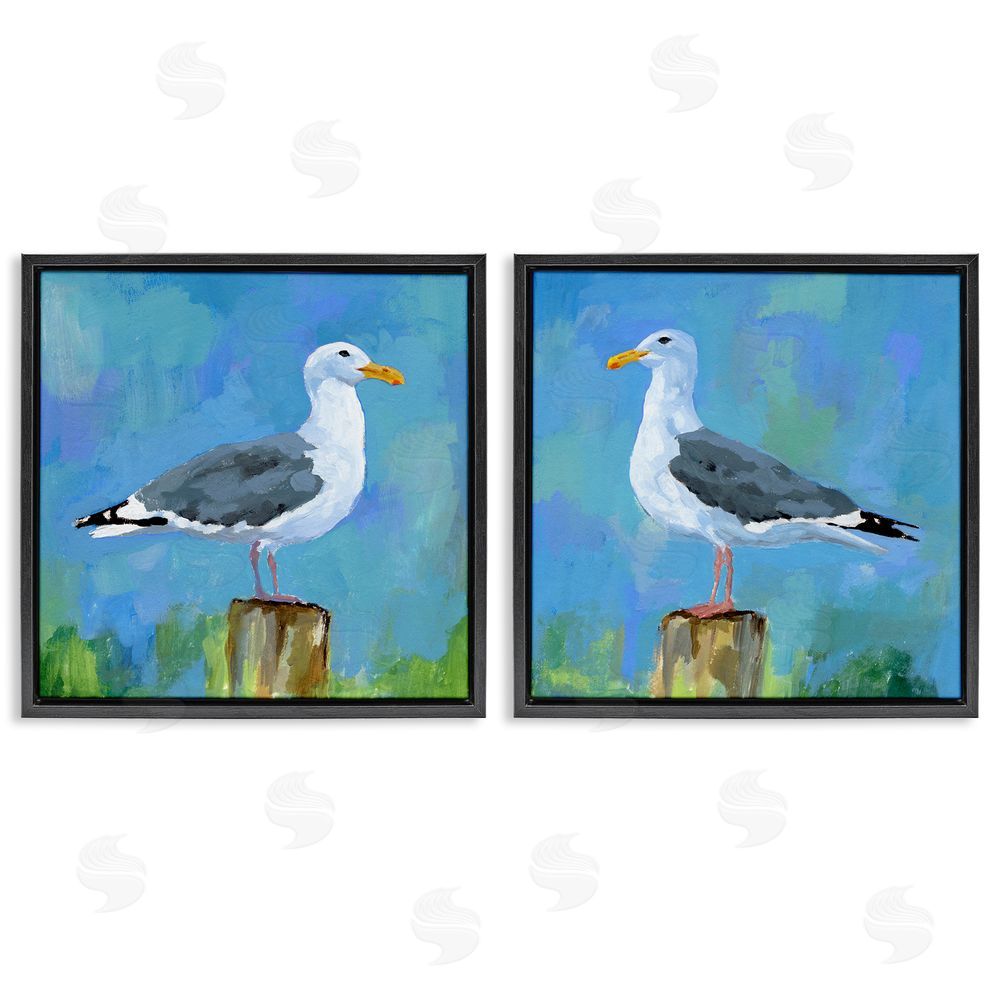 Victoria Barnes Nautical Perched Seagulls Black Floating Frame Canvas Wall Art Print