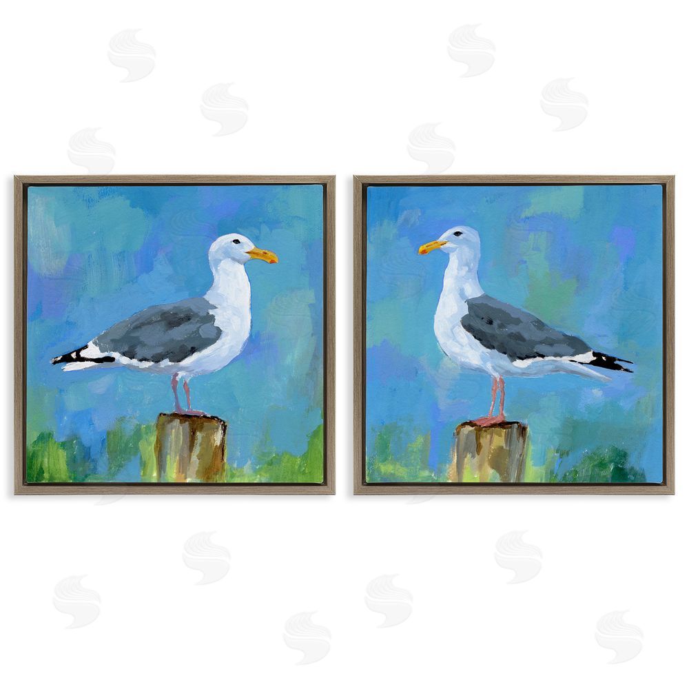 Victoria Barnes Nautical Perched Seagulls Brown Floating Frame Canvas Wall Art Print