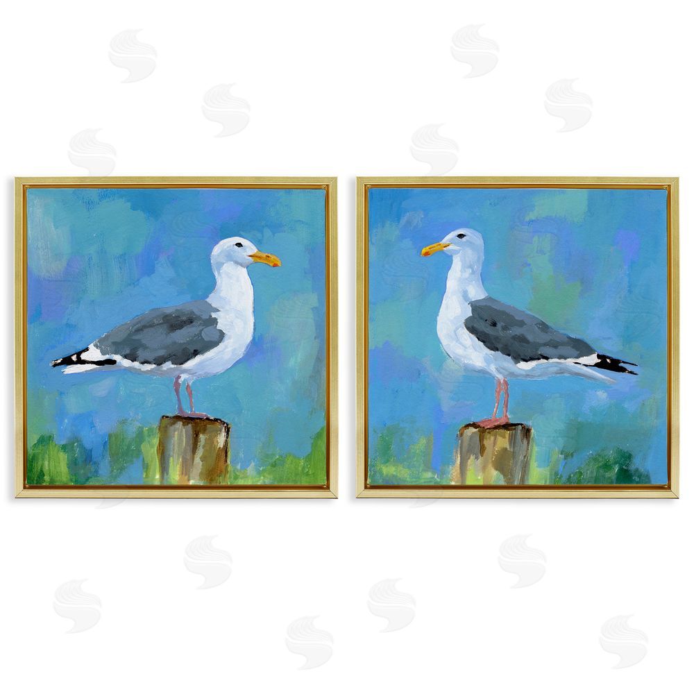 Victoria Barnes Nautical Perched Seagulls Gold Floating Frame Canvas Wall Art Print