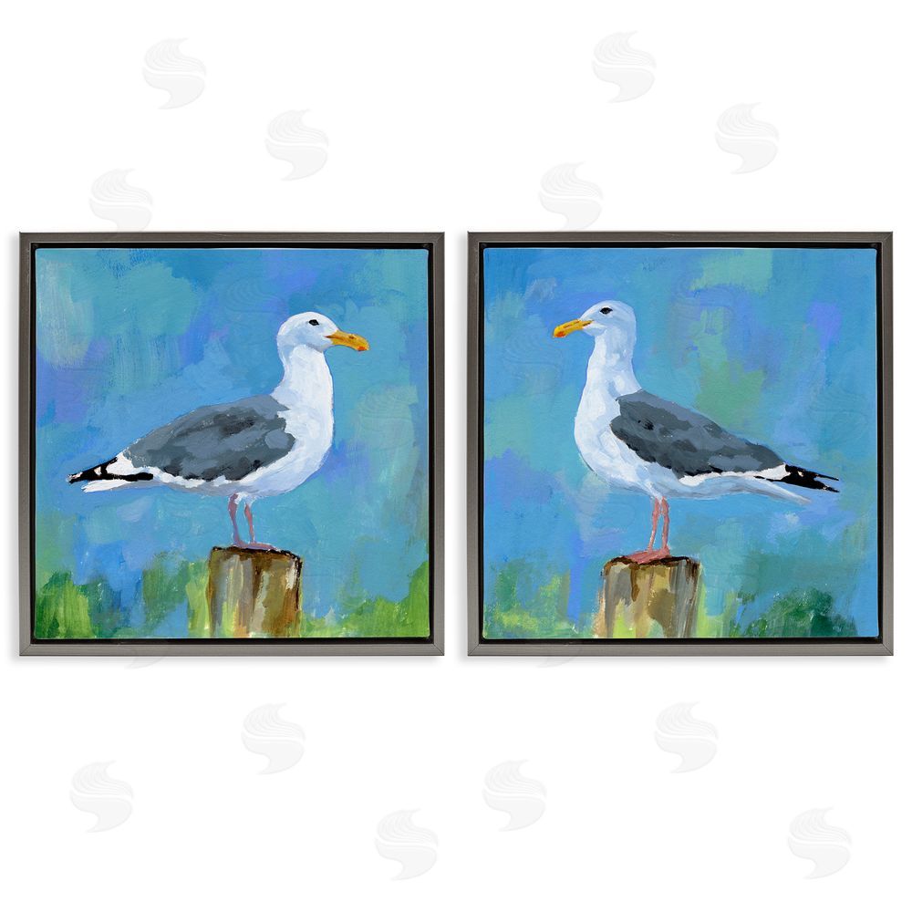 Victoria Barnes Nautical Perched Seagulls Gray Floating Frame Canvas Wall Art Print