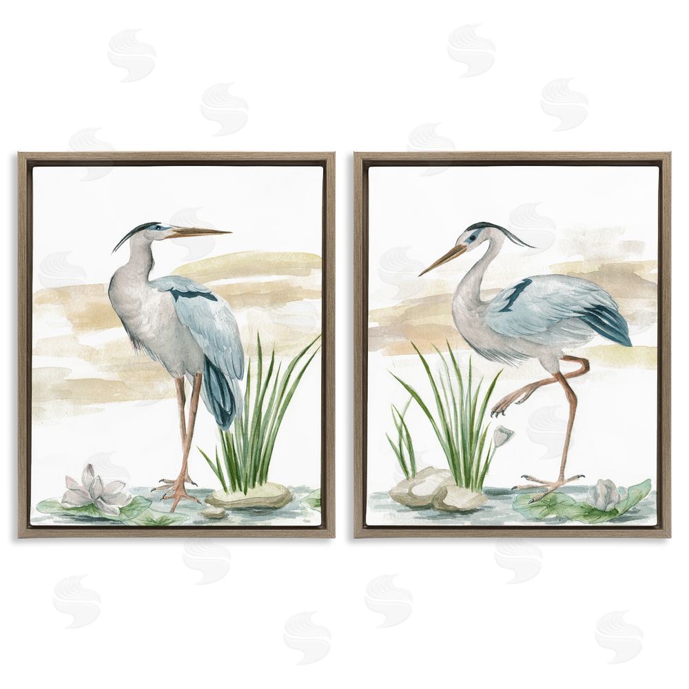 Melissa Wang Herons on Marsh Shore Brown Floating Frame Canvas Wall Art Print