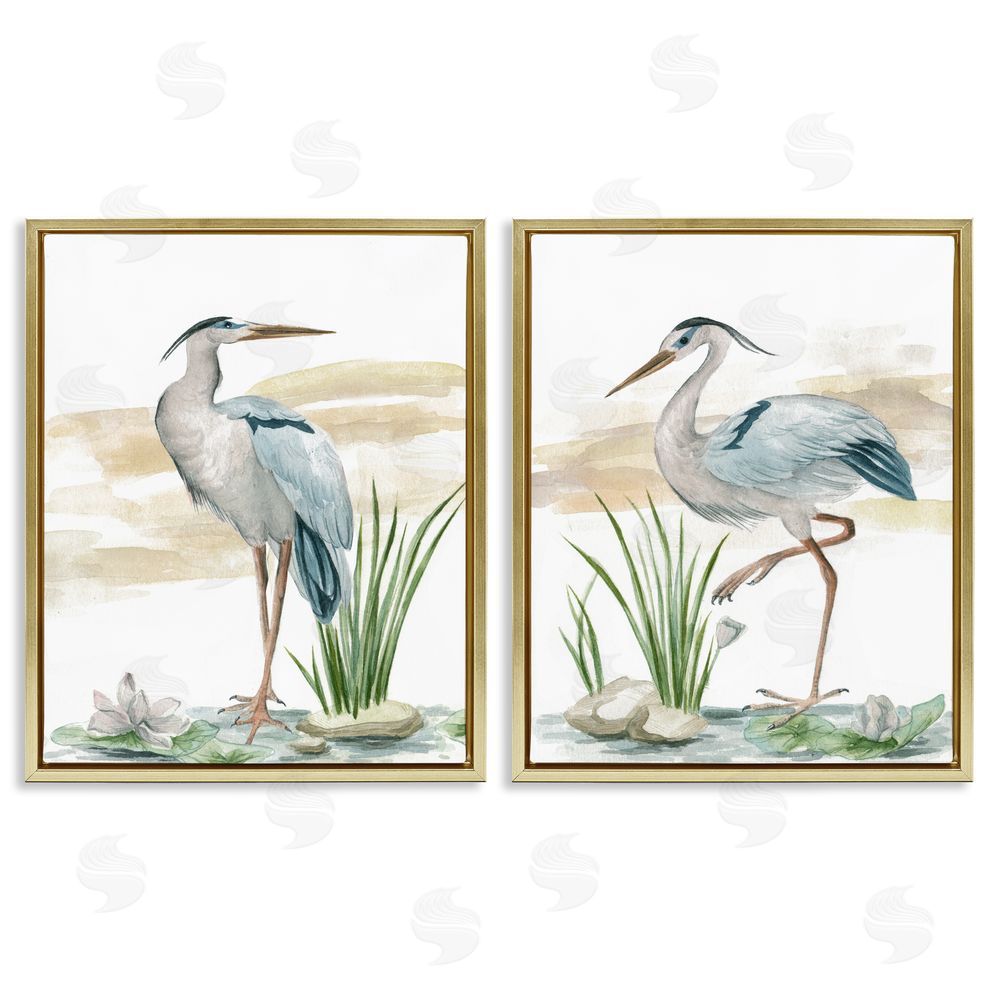 Melissa Wang Herons on Marsh Shore Gold Floating Frame Canvas Wall Art Print