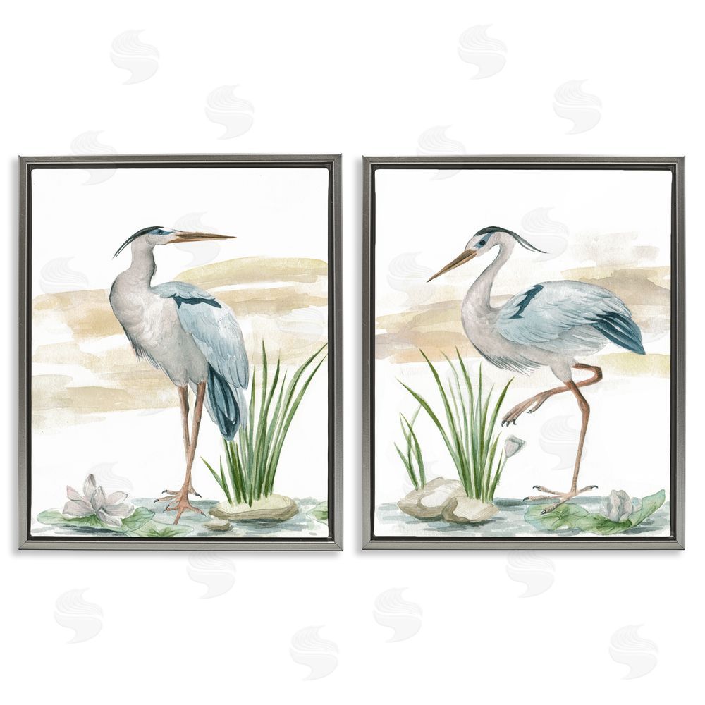 Melissa Wang Herons on Marsh Shore Gray Floating Frame Canvas Wall Art Print