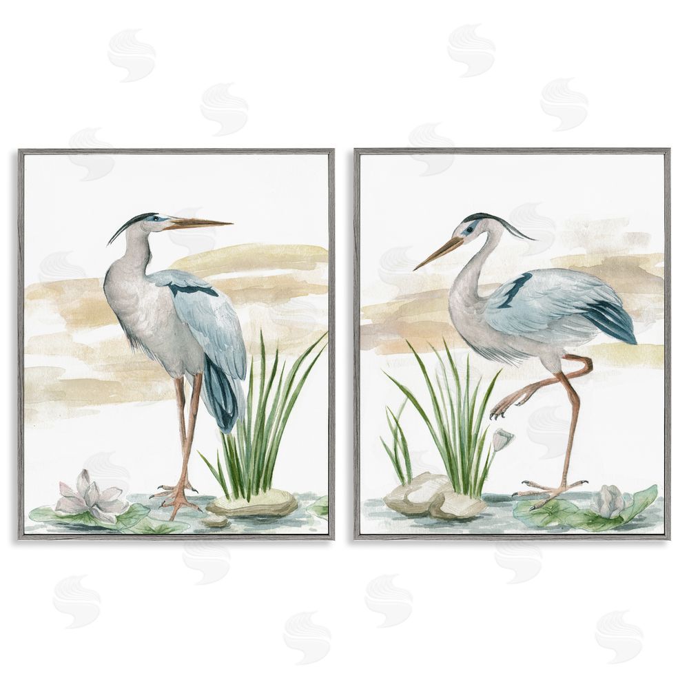 Melissa Wang Herons on Marsh Shore Gray Framed Giclee Wall Art Print