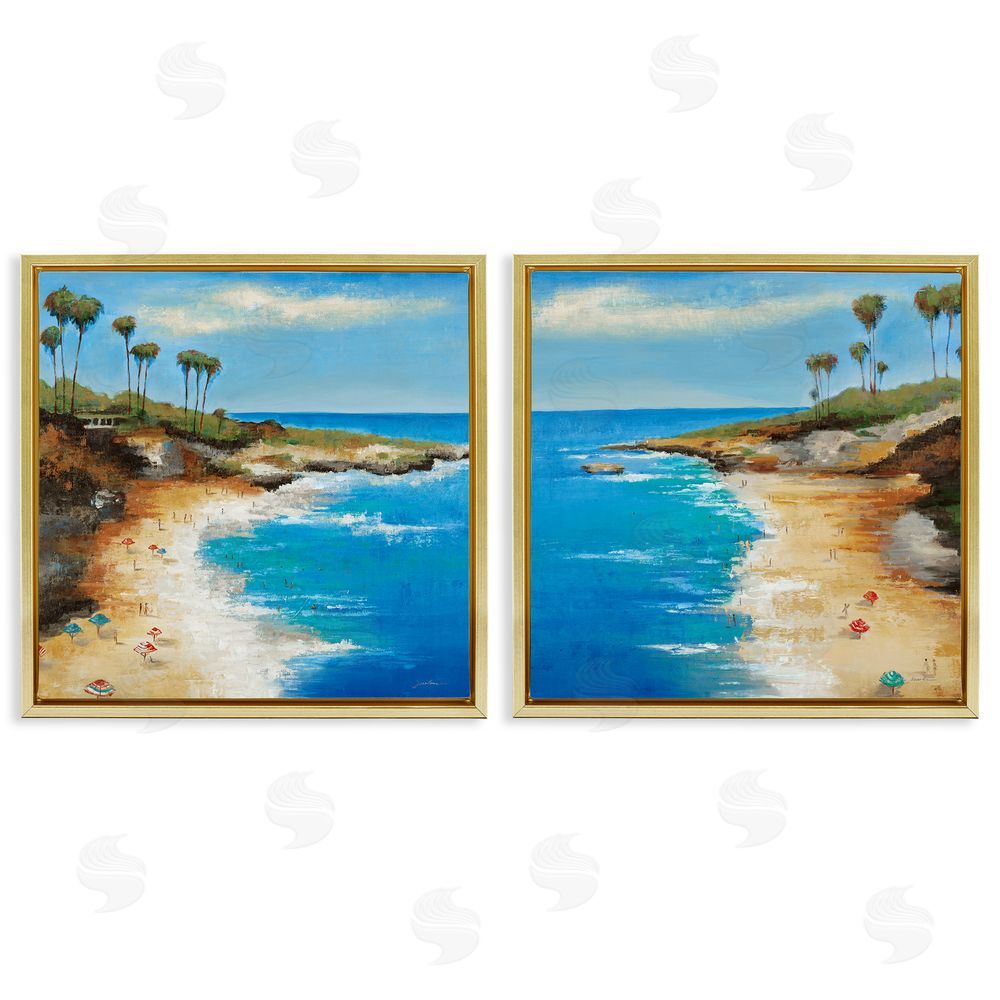 Liz Jardine Beach Cove Landscape Gold Floating Frame Canvas Wall Art Print