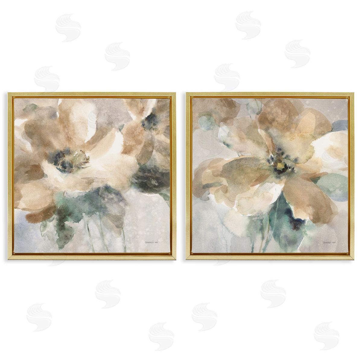 Abstract Beige Flowers Gold Floating Frame Canvas Wall Art, Home Decor by Danhui Nai