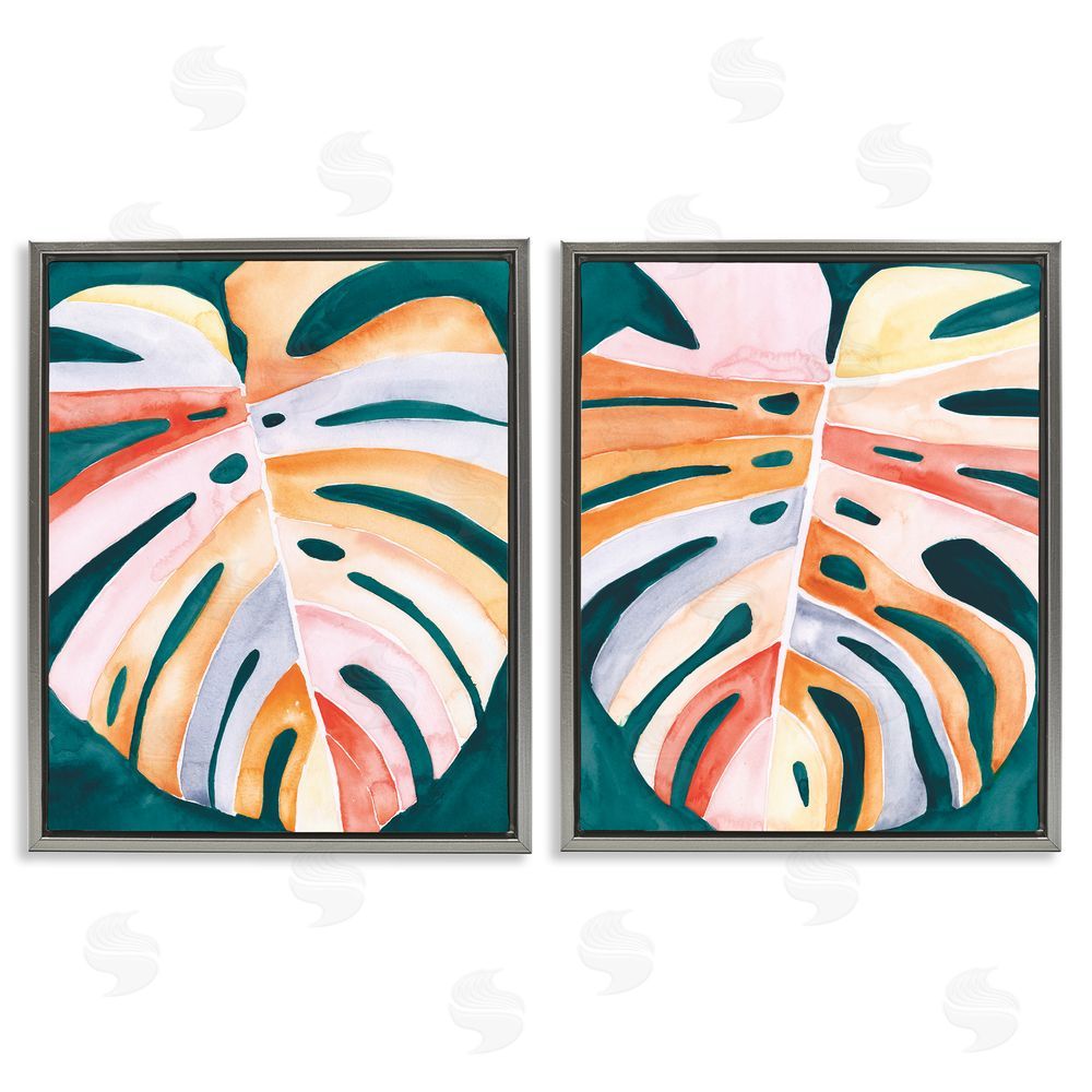 Jennifer Paxton Parker Tropical Monstera Leaves Gray Floating Frame Canvas Wall Art Print