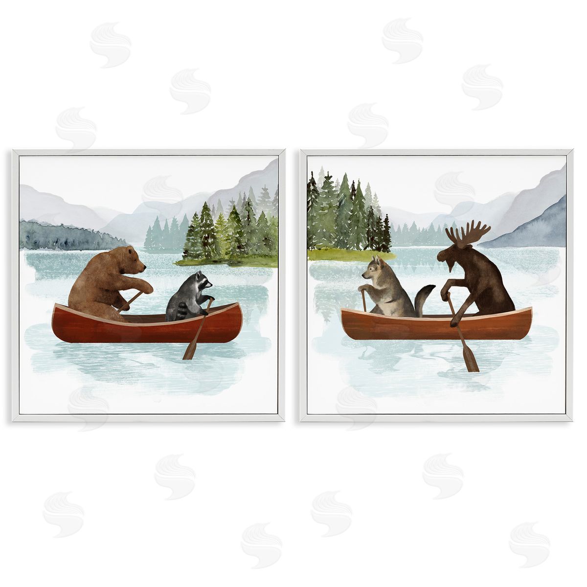 Woodland Animals on Canoes White Frame Print Wall Art, Home Decor by Victoria Barnes