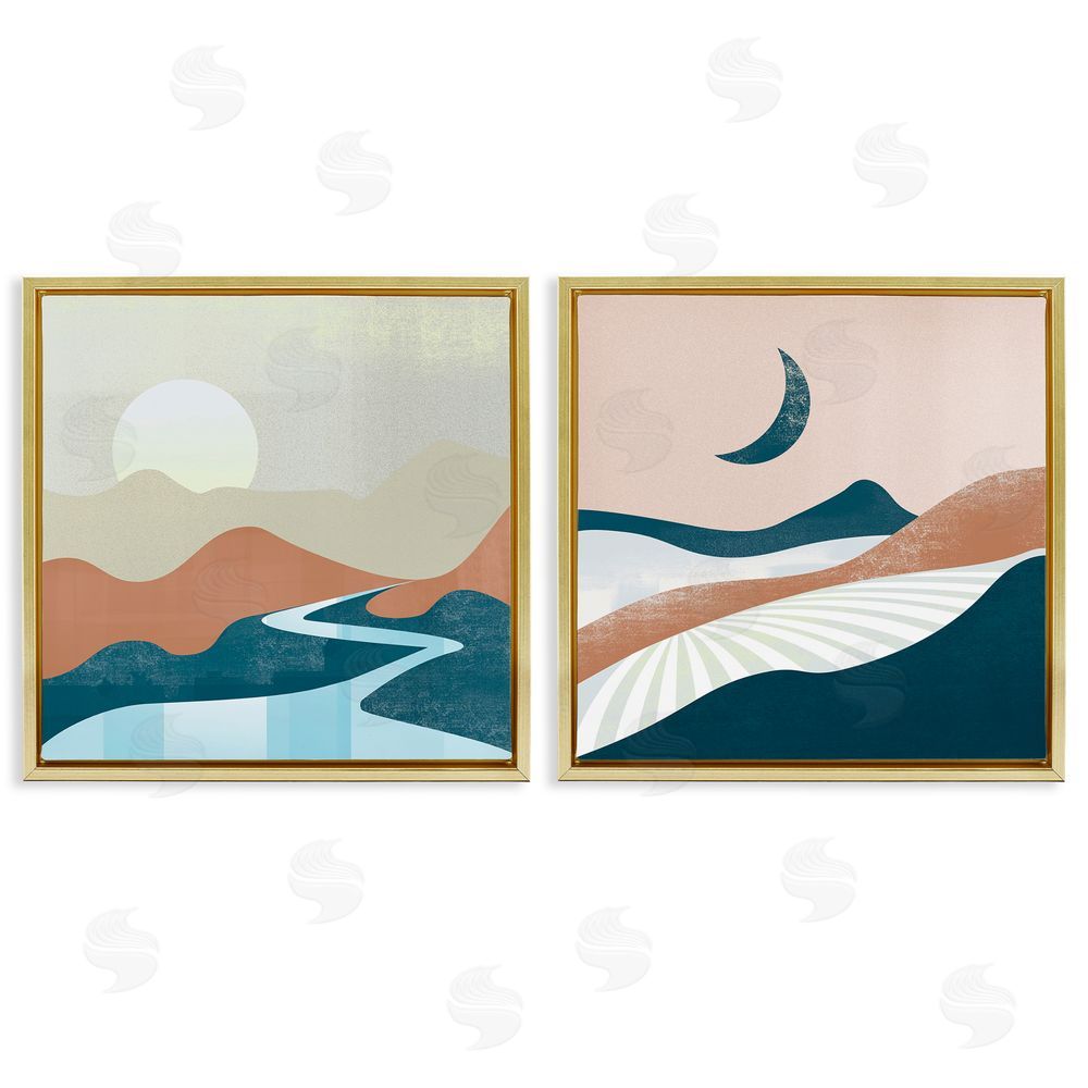 Arctic Frame Abstract Day & Night Landscape Gold Floating Frame Canvas Wall Art Print