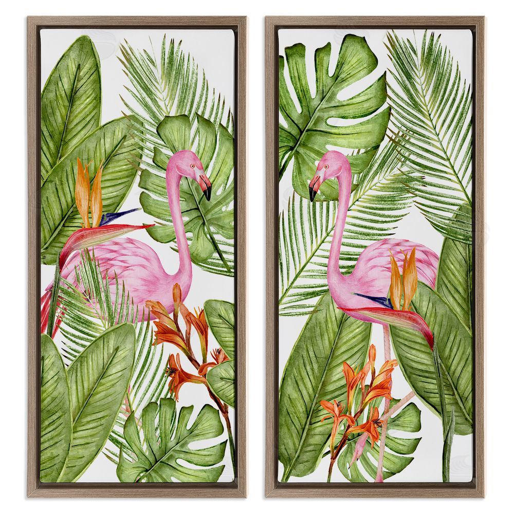 Kim Allen Flamingos & Topical Plants Brown Floating Frame Canvas Wall Art Print