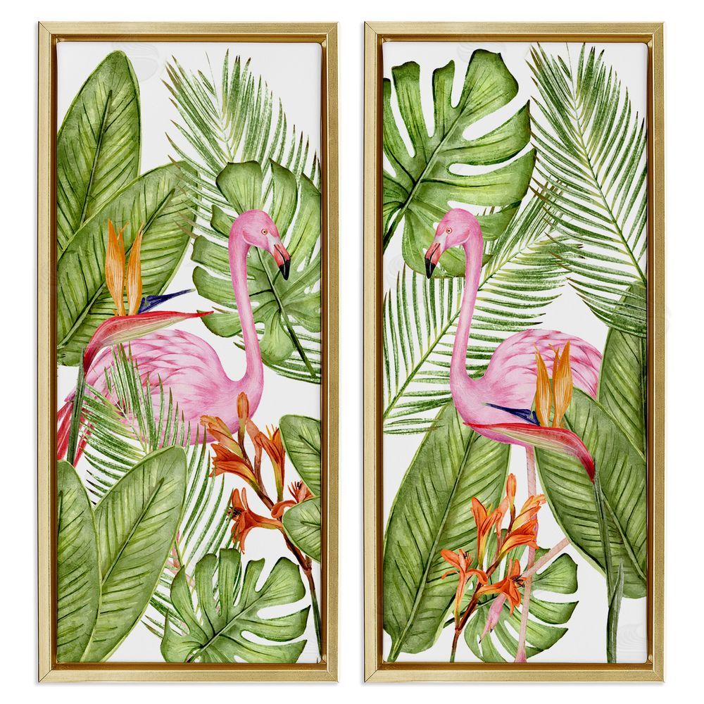 Kim Allen Flamingos & Topical Plants Gold Floating Frame Canvas Wall Art Print