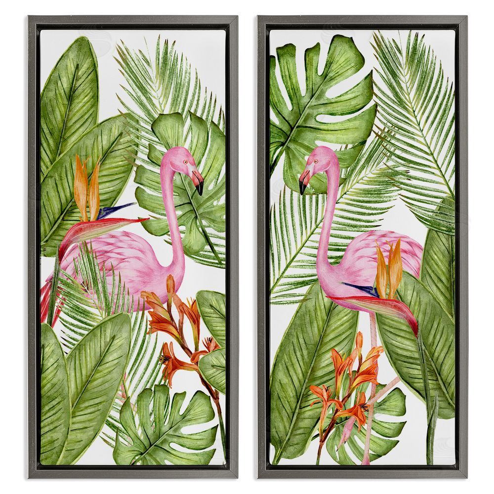 Kim Allen Flamingos & Topical Plants Gray Floating Frame Canvas Wall Art Print