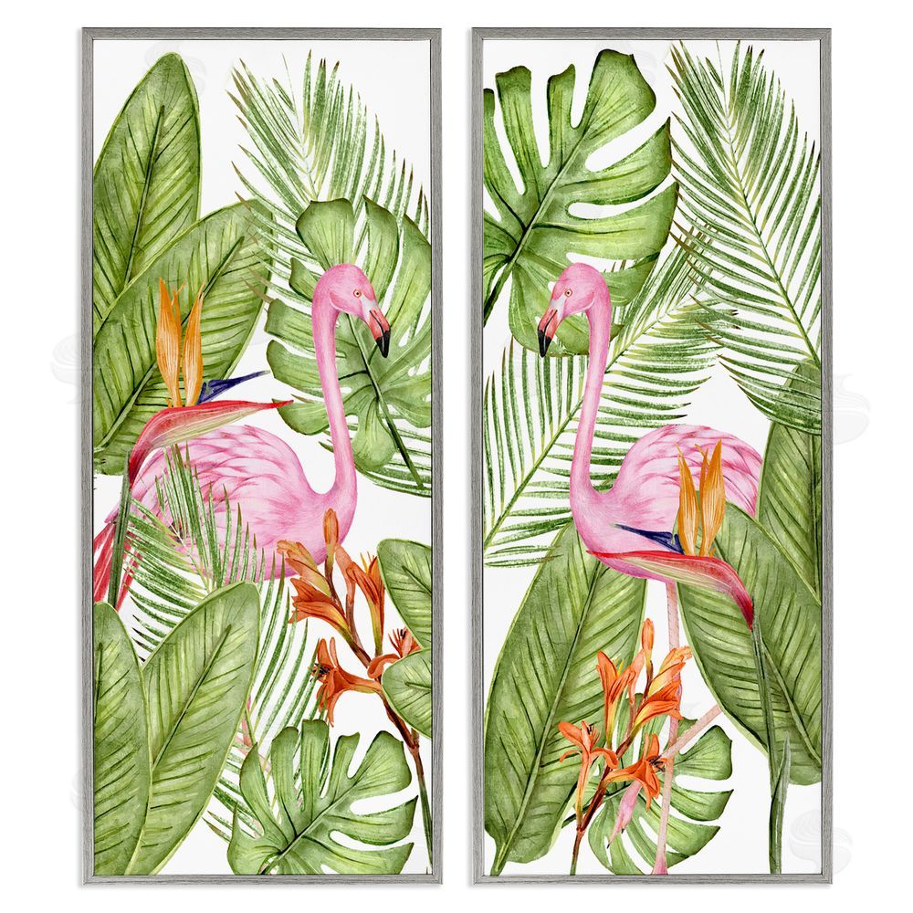 Kim Allen Flamingos & Topical Plants Gray Framed Giclee Wall Art Print
