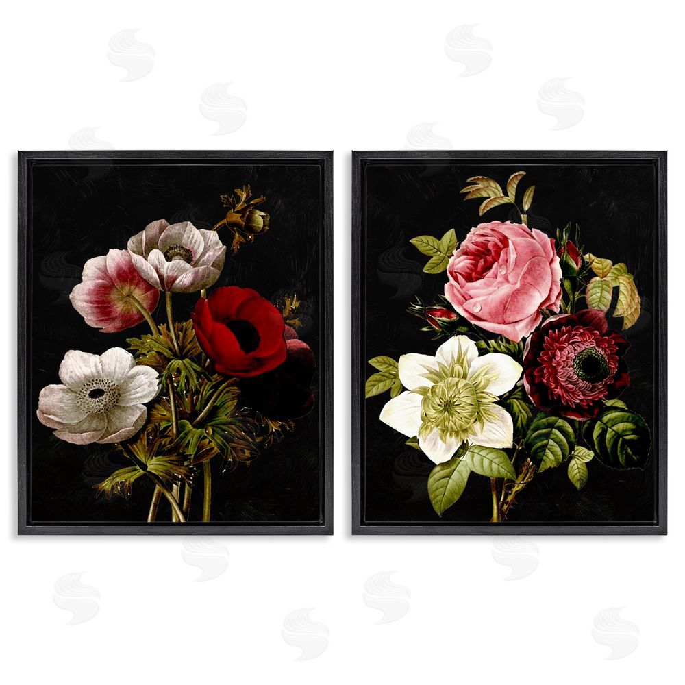 Piddix Vintage Blooms on Black Black Floating Frame Canvas Wall Art Print