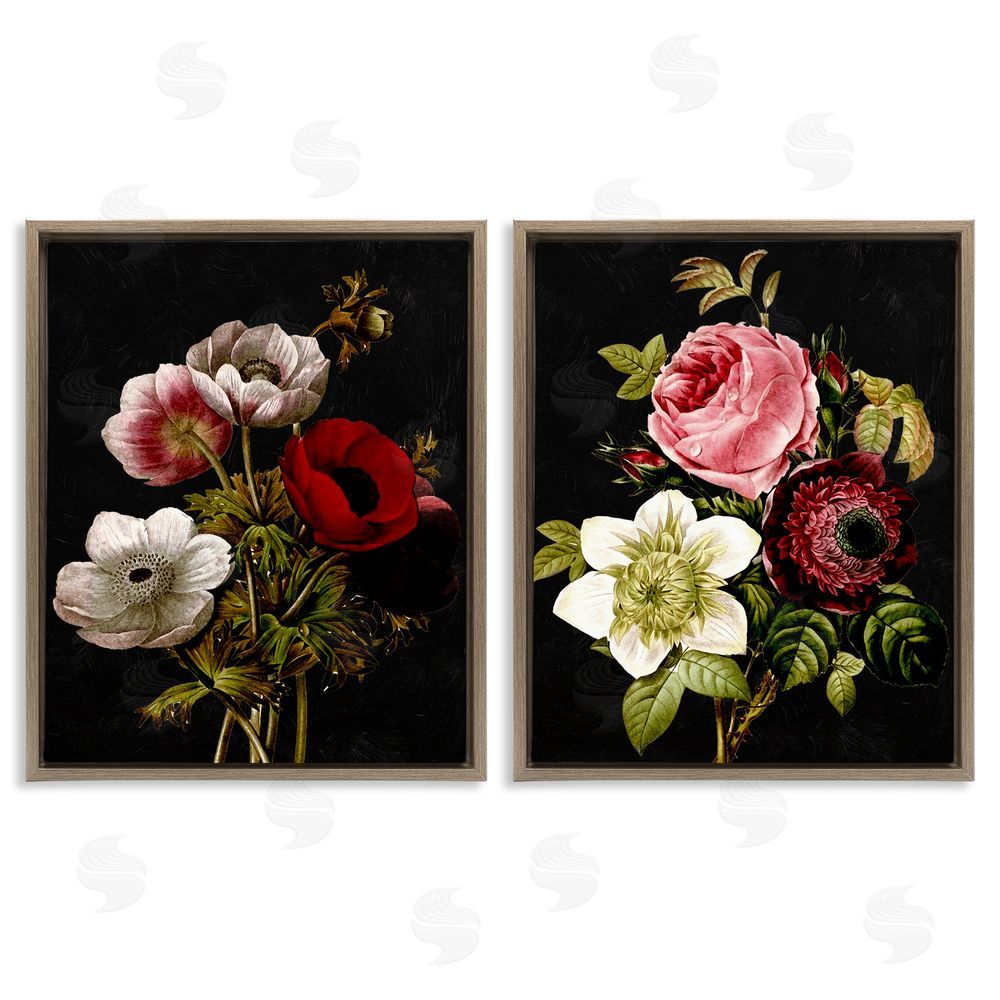 Piddix Vintage Blooms on Black Brown Floating Frame Canvas Wall Art Print