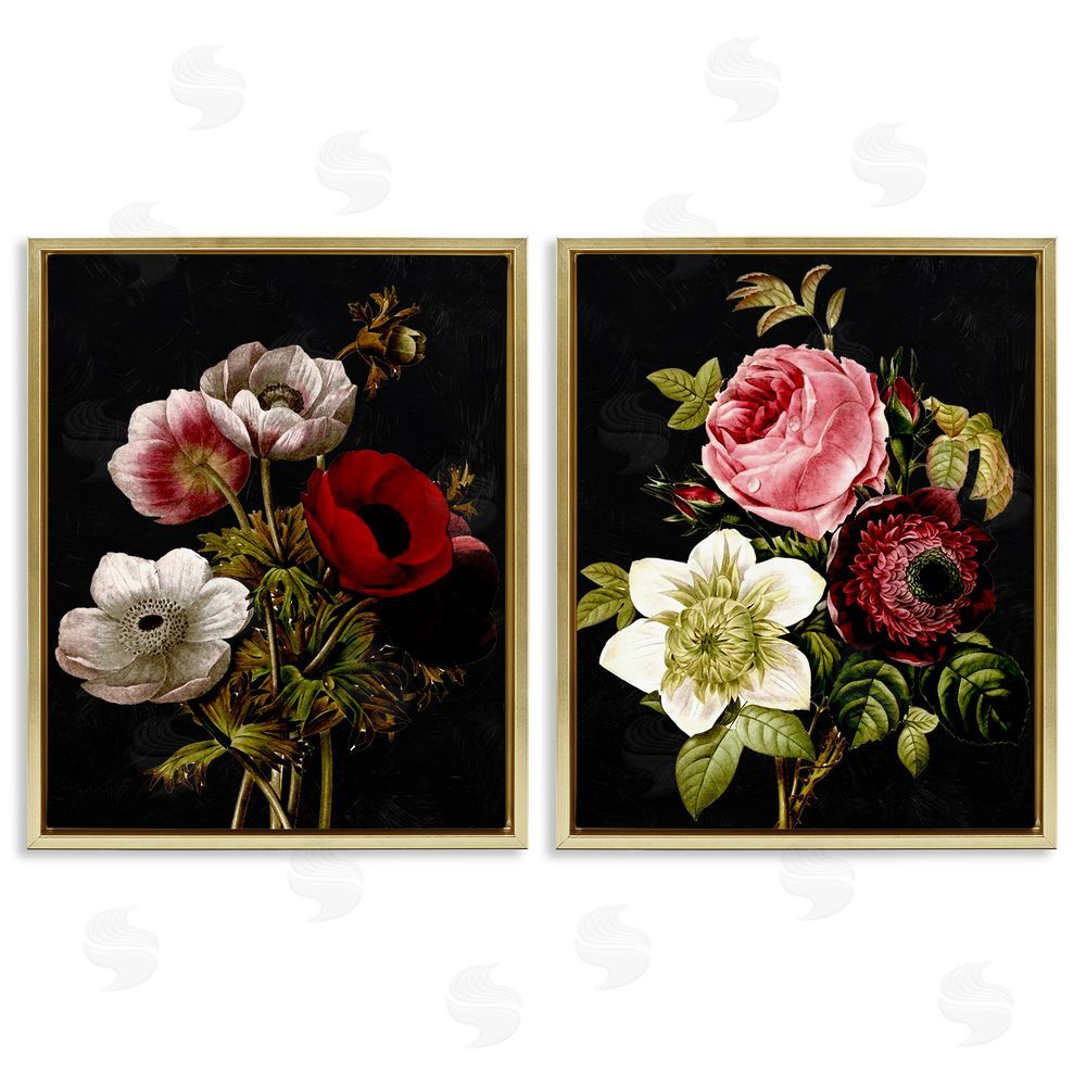 Piddix Vintage Blooms on Black Gold Floating Frame Canvas Wall Art Print